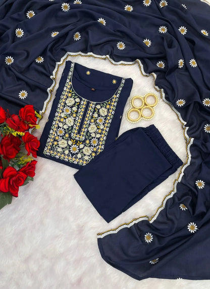 Heavy Rayon Fabric Kurta Set Navy