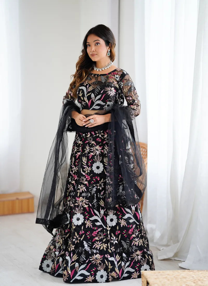 Premium Butterfly Net Lehenga Black