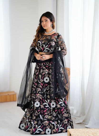 Premium Butterfly Net Lehenga Black