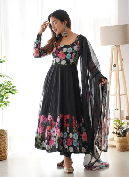 Pure Soft Organja Silk Anarkali Black