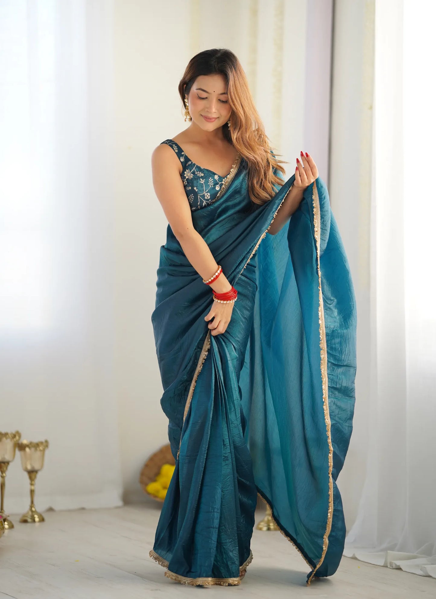 Premium Tissue Silk Saree Teal Blue