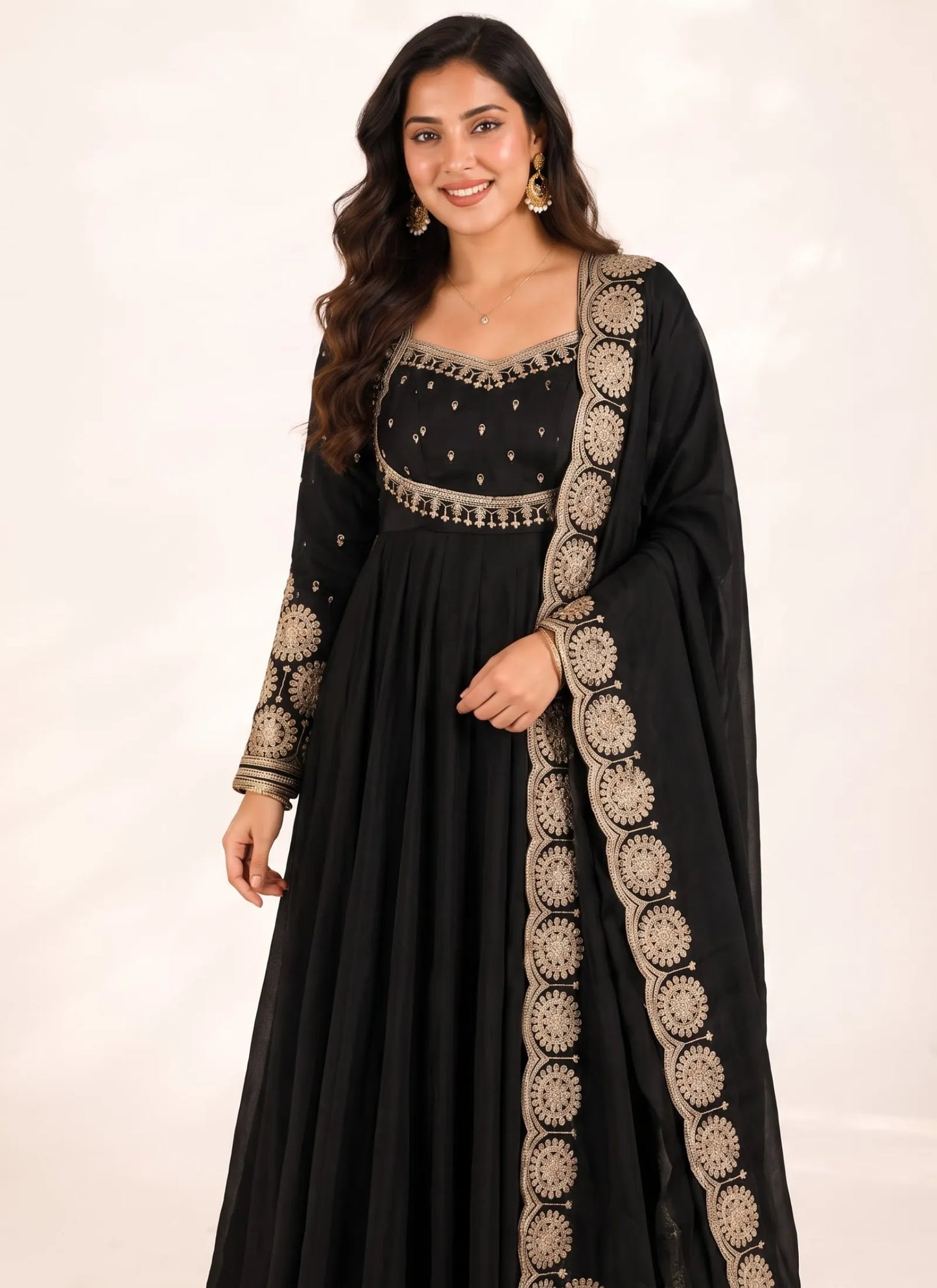 Black Roman Silk Designer Anarkali Suit