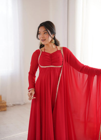 Red Pure Blooming Georgette Anarkali Suit