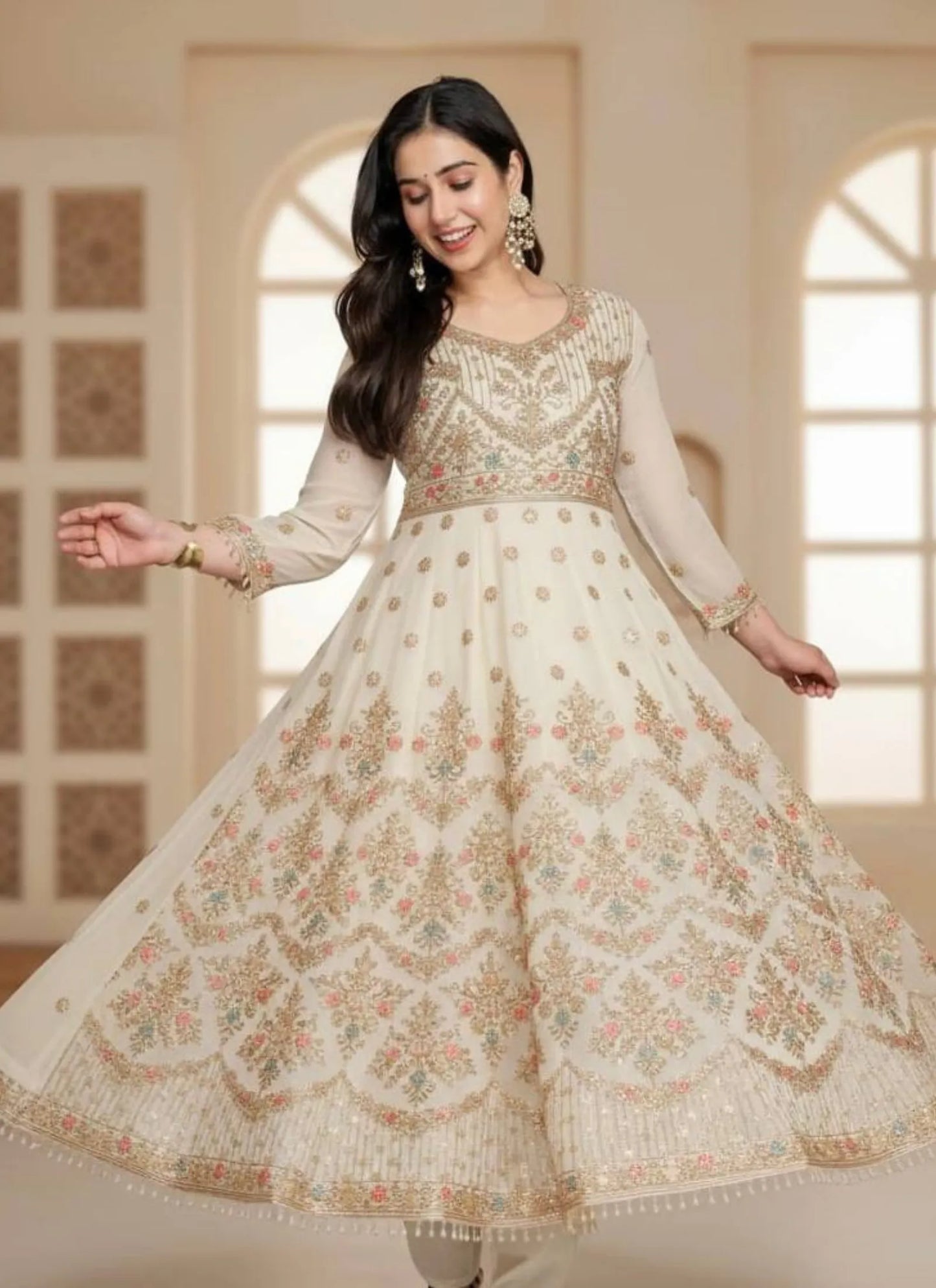 Off White Faux Blooming Fabric Thread Embroidered Anarkali Suit