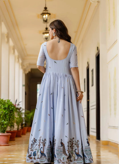 Blue Grey Embroidered Chinon Fabric Gown