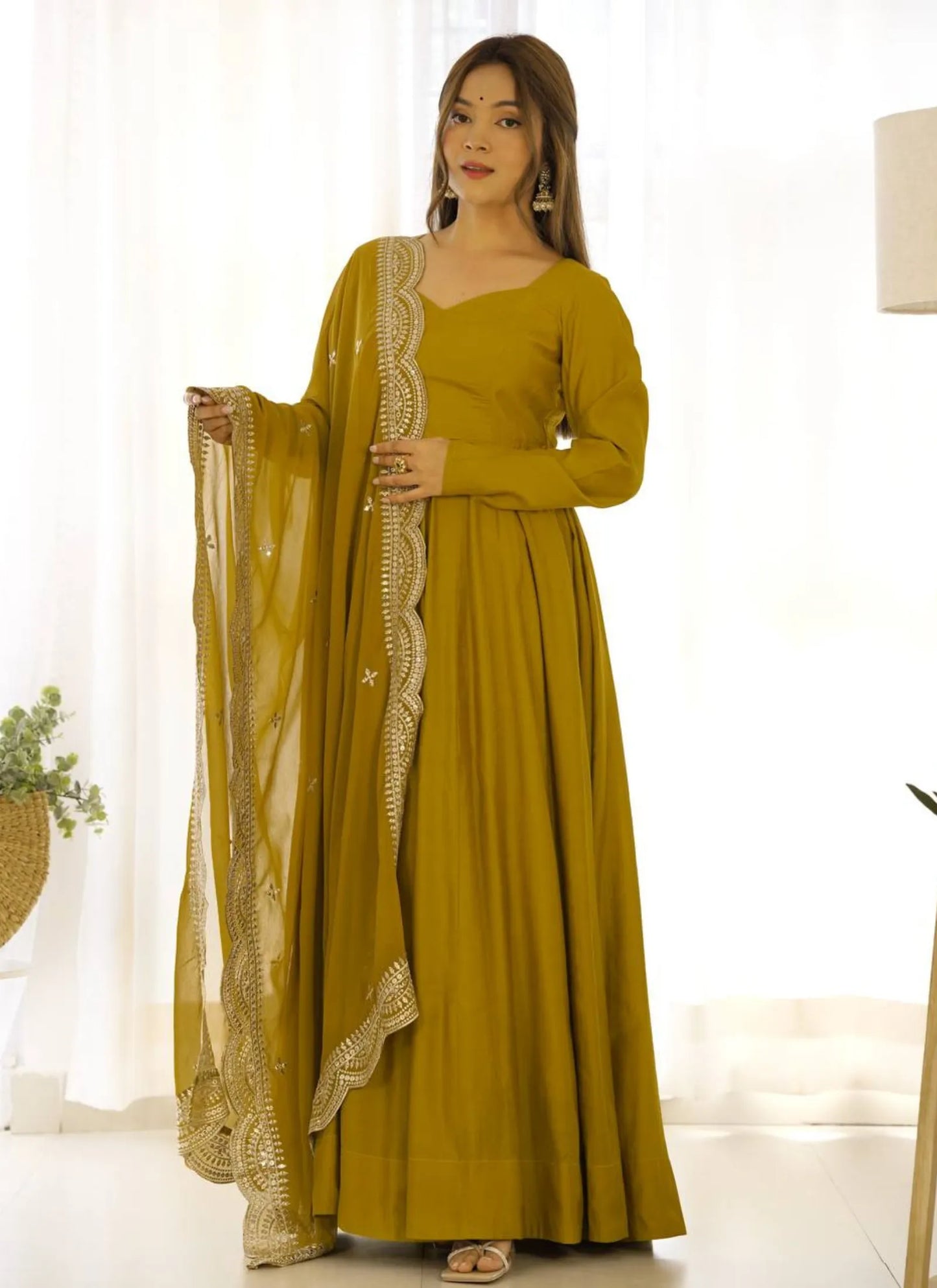 Pure Romansilk Chanderi Fabric Anarkali Mustard