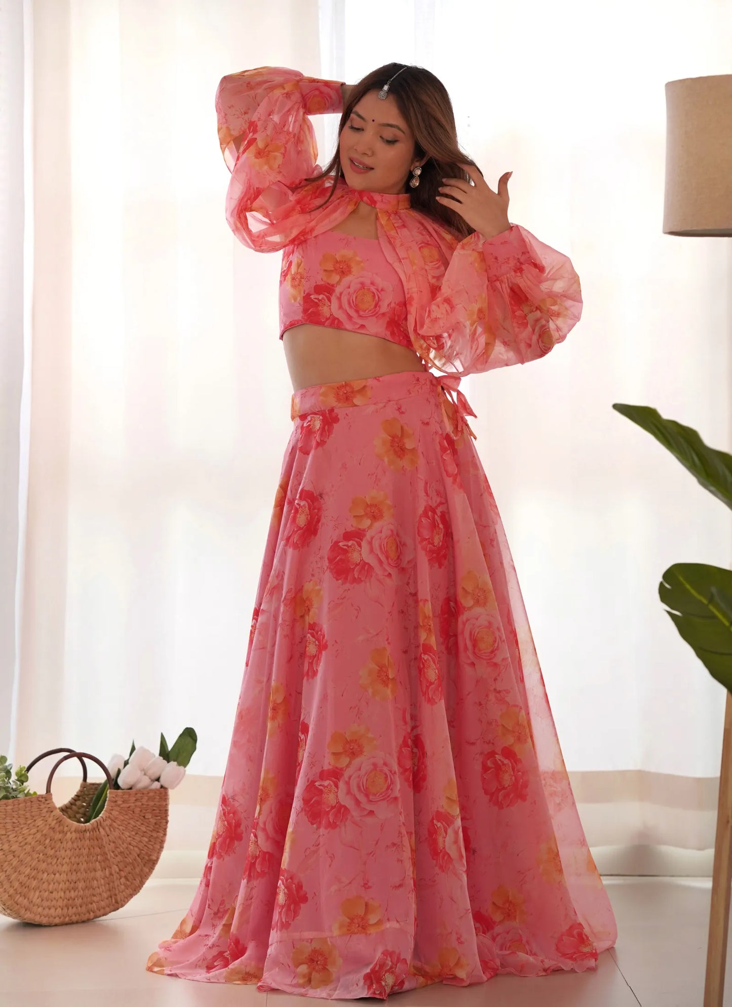 Multi Floral Organja Fabric Lehenga Choli