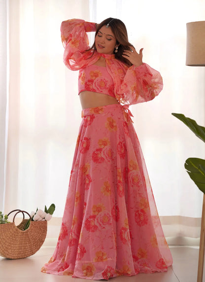 Multi Floral Organja Fabric Lehenga Choli