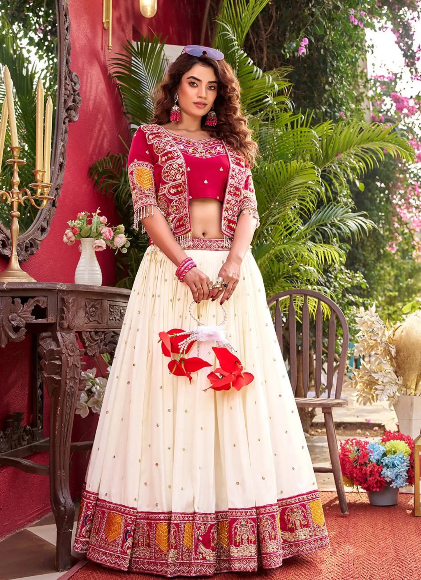 Red Pure Vichitra Silk Embroidery Lehenga Choli