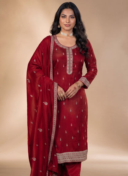 Red Vichitra Silk Premium Designers Kurta Set
