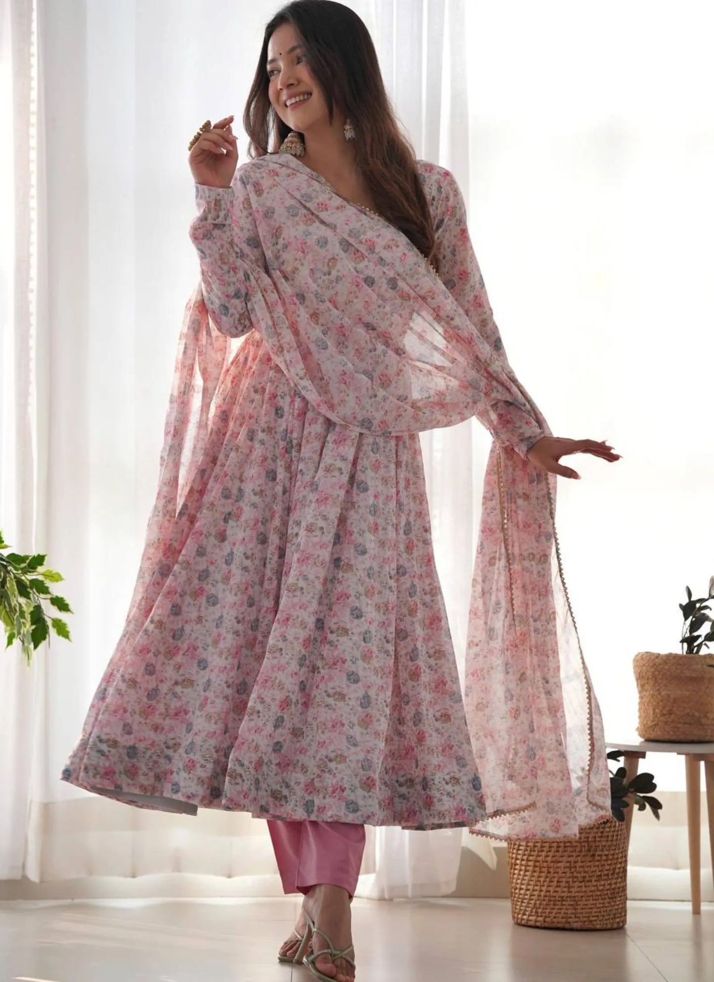 Pure Chiffon Floral Print Anarkali Pink