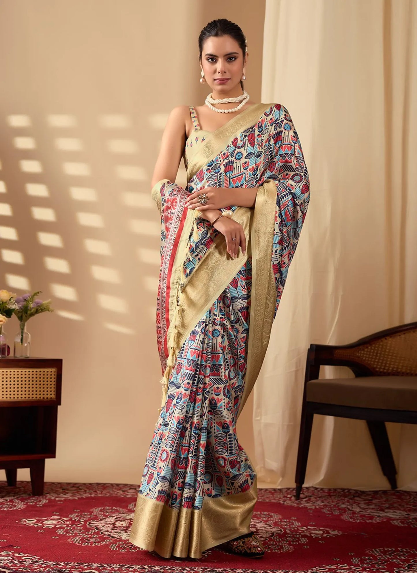 Artistic Multicolor Print Soft Lichi Silk Saree