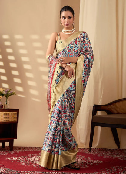 Artistic Multicolor Print Soft Lichi Silk Saree