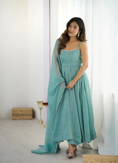 Crunchy Silk Fabrics Fully Flair Anarkali Sea Green
