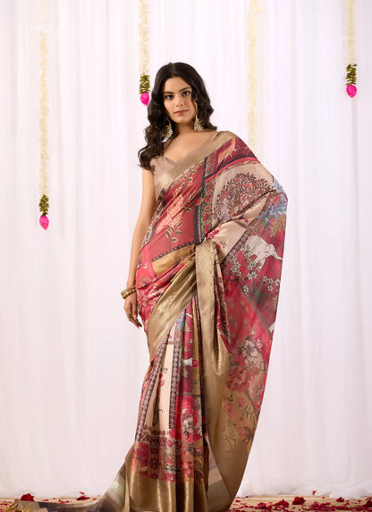 Tribal Art Print Soft Lichi Silk Saree