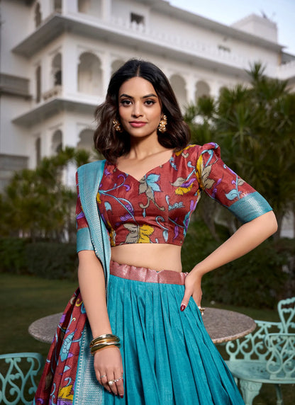 Beautiful Tusser Silk Lehenga Choli Sky