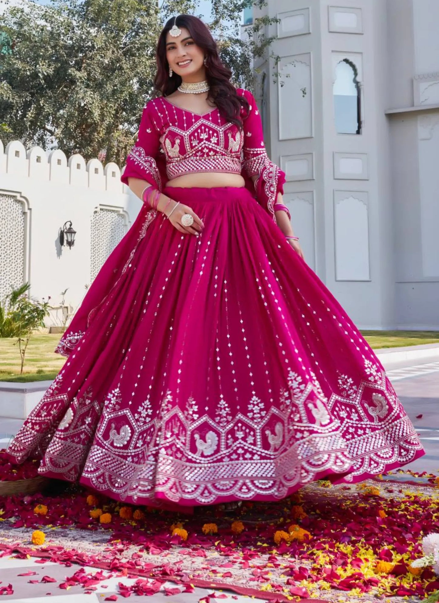 Pink Pure Vichitra Silk Embroidery Work Lehenga Choli