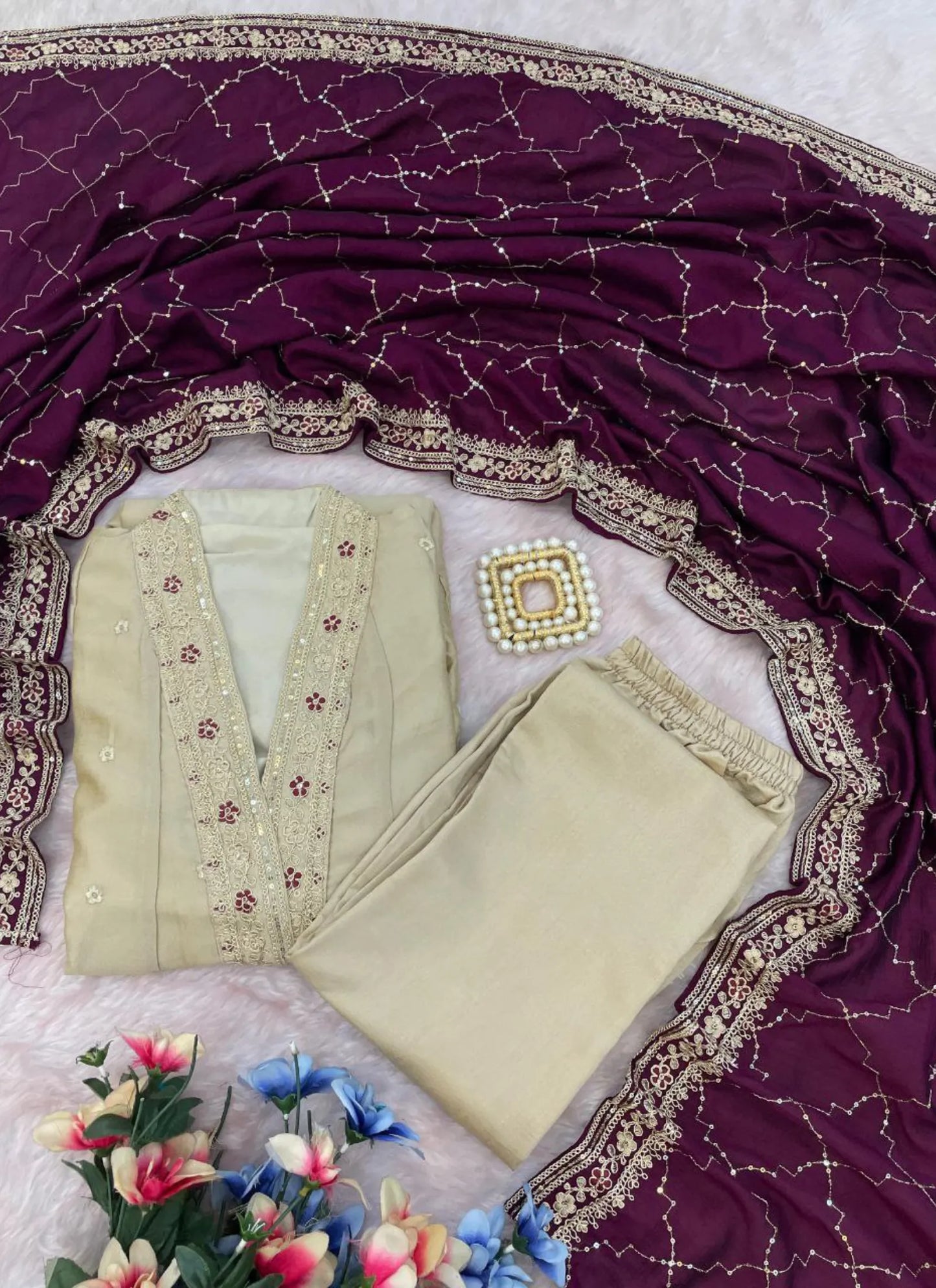 Premium Embroidery Anarkali Kurti Set Cream
