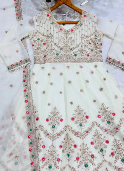 Off White Faux Blooming Fabric Thread Embroidered Anarkali Suit