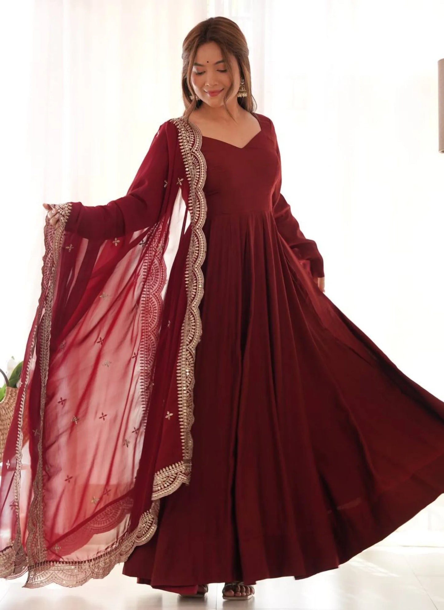 Pure Romansilk Chanderi Fabric Anarkali Maroon