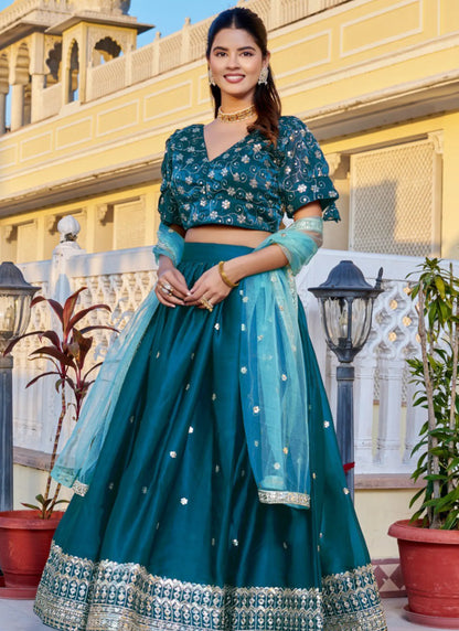 Rama Heavy Embroidery With Zari Thread Lehenga Choli
