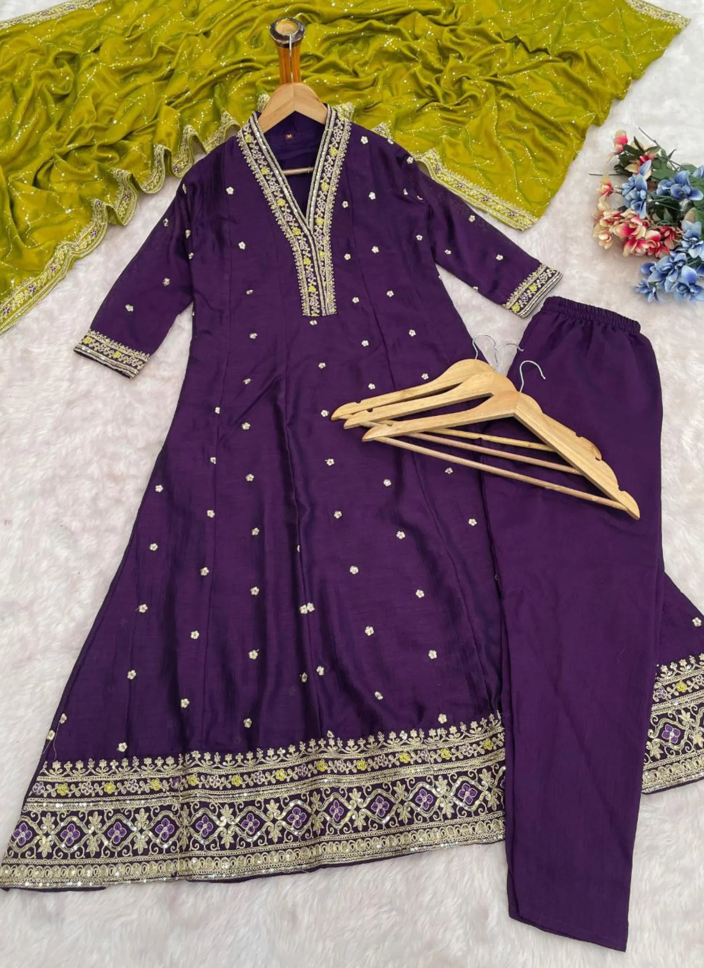 Premium Embroidery Anarkali Kurti Set Violet
