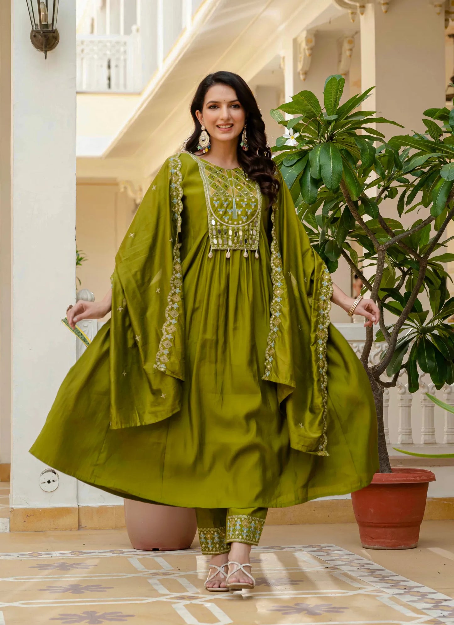 Beautiful Roman Silk Anarkali Kurti Mehndi