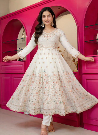 Off White Faux Blooming With Thread Embroidered Work Anarkali Suit