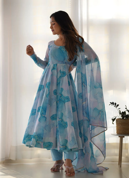 Pure Soft Organja Silk Marble Print Anarkali Sky