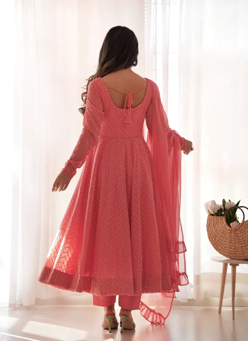 Classic Lucknowi Georgette Fabric Anarkali Suit Peach