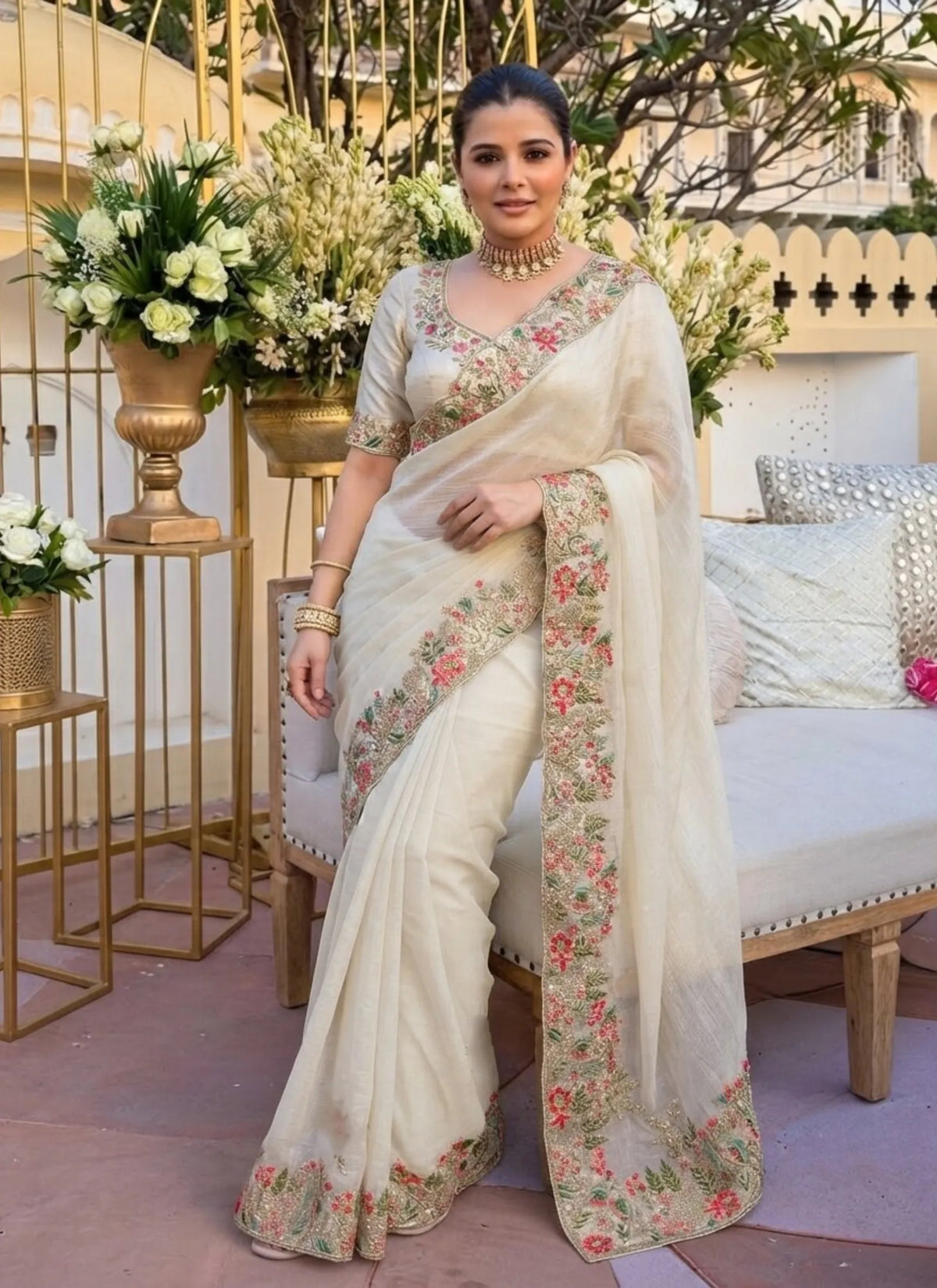 Off-White Soft Fendy Satin Silk Saree