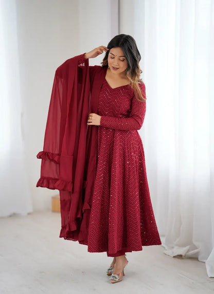 Classic Lucknowi Georgette Fabric Anarkali Suit Maroon