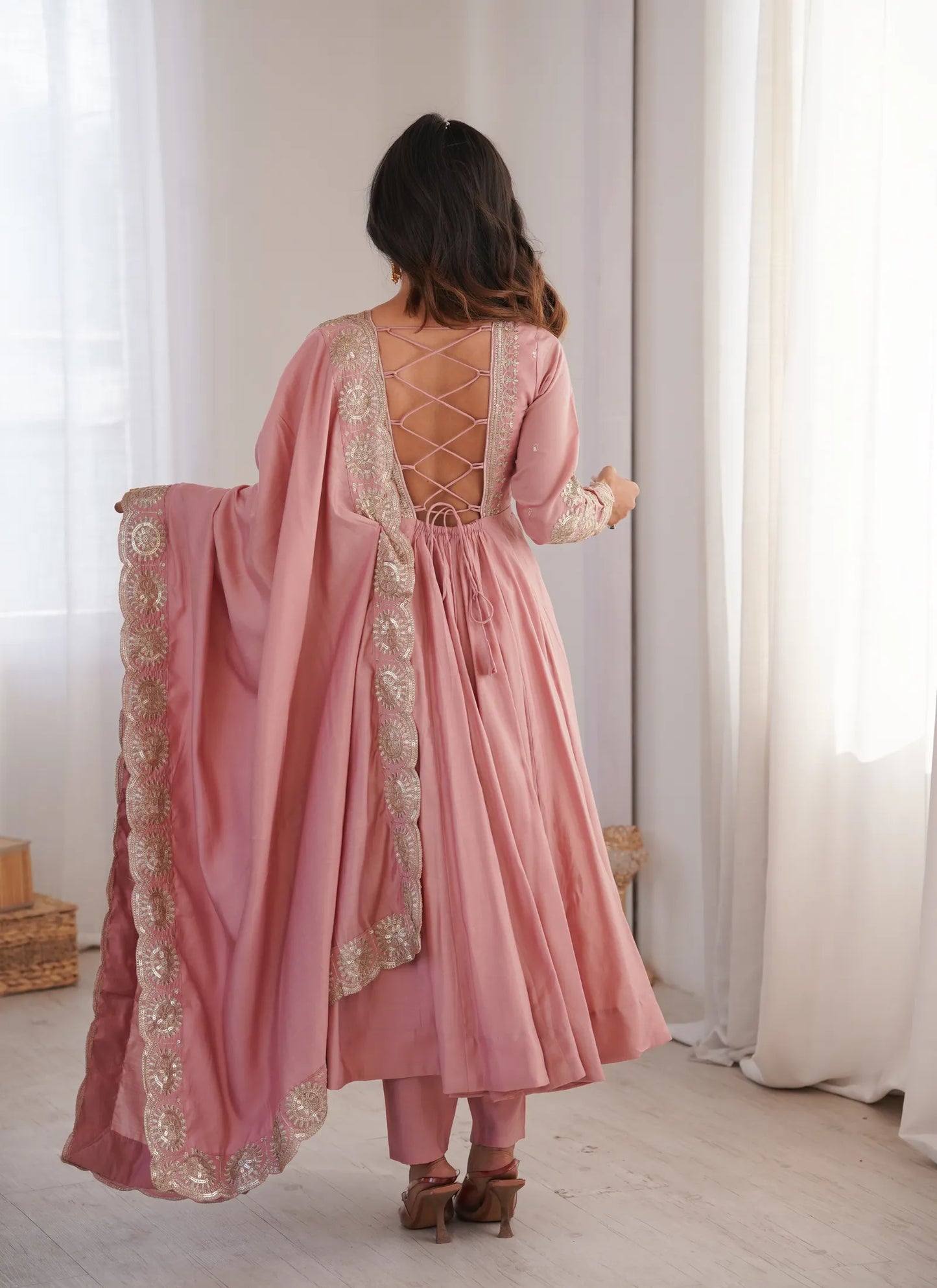 Pink Roman Silk Designer Anarkali Suit