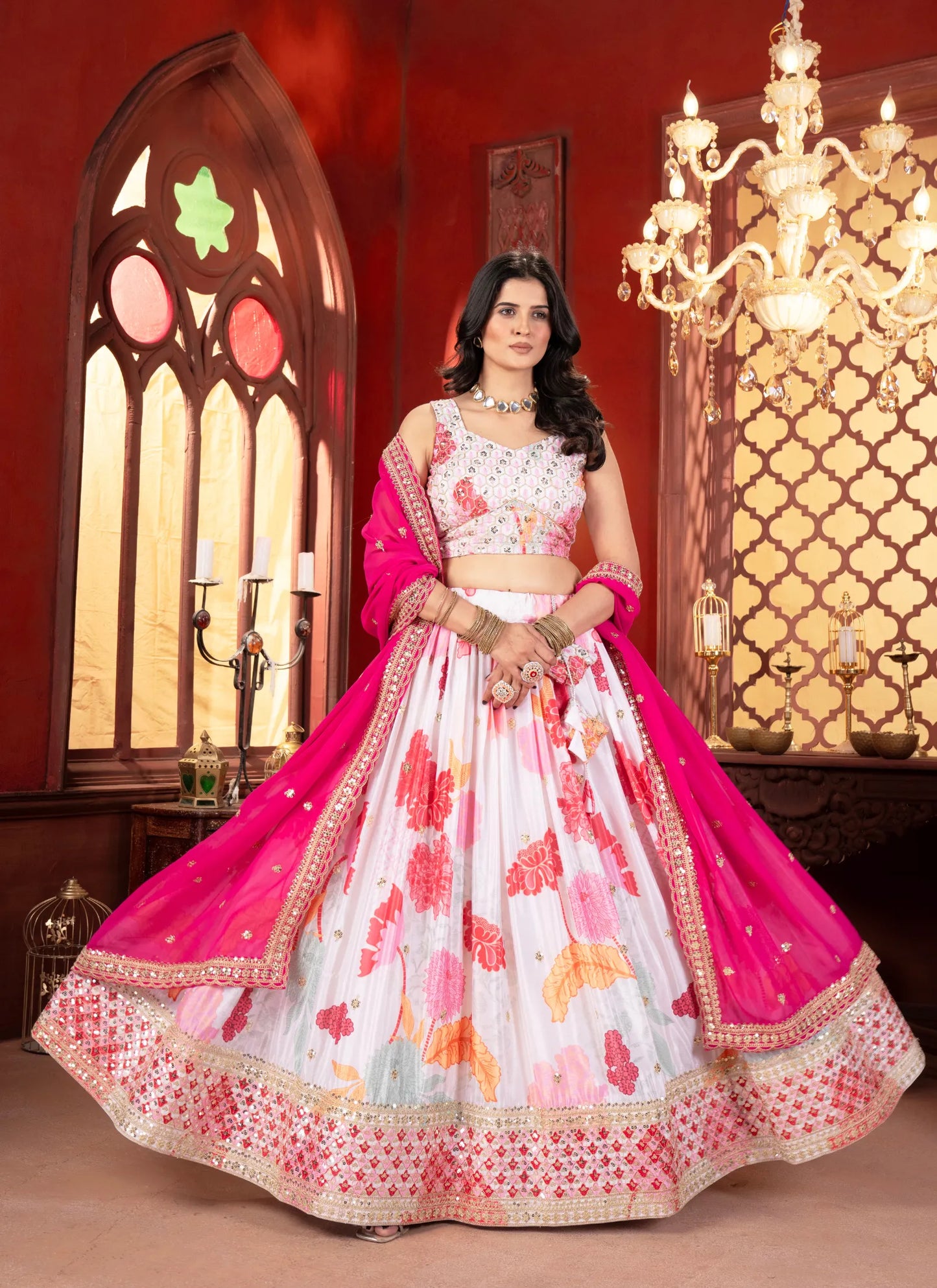 Floral Pink Chinon Silk Lehenga Choli