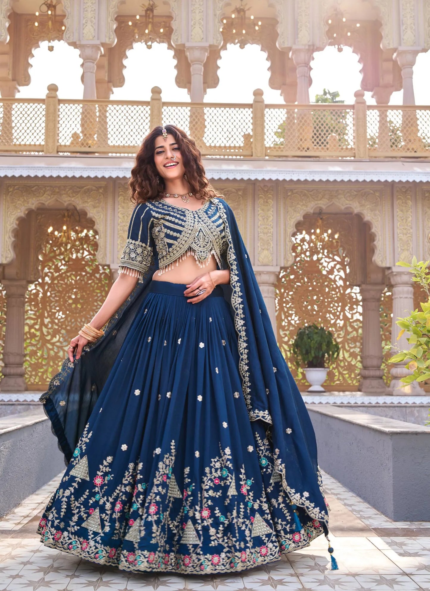 Blue Pure Vichitra Silk Embroidery Thread Work Lehenga Choli