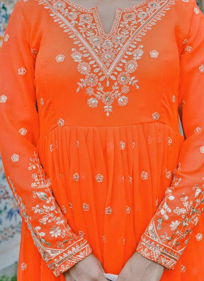 Orange Georgette Thread Work Anarkali Suit