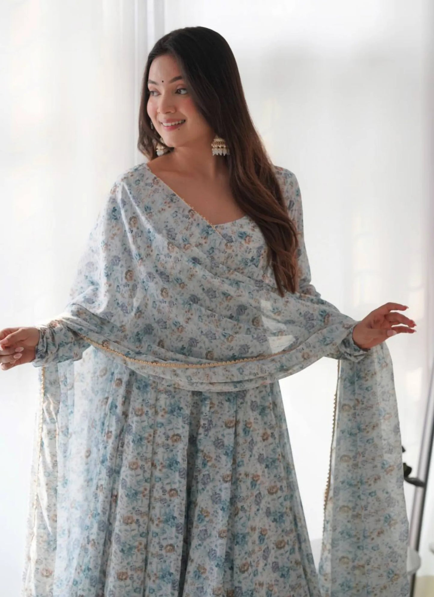 Pure Chiffon Floral Print Anarkali Sky