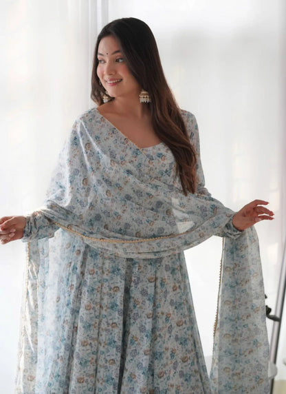 Pure Chiffon Floral Print Anarkali Sky