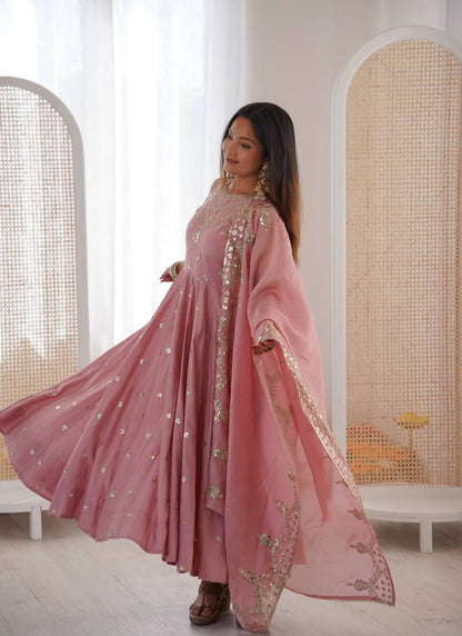 Pink Roman Silk Embroidery Anarkali Suit