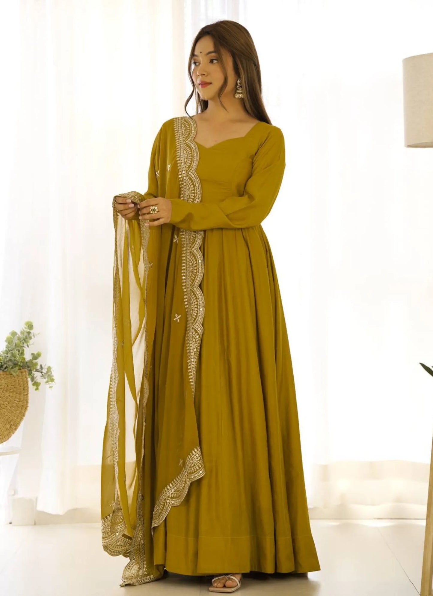 Pure Romansilk Chanderi Fabric Anarkali Mustard