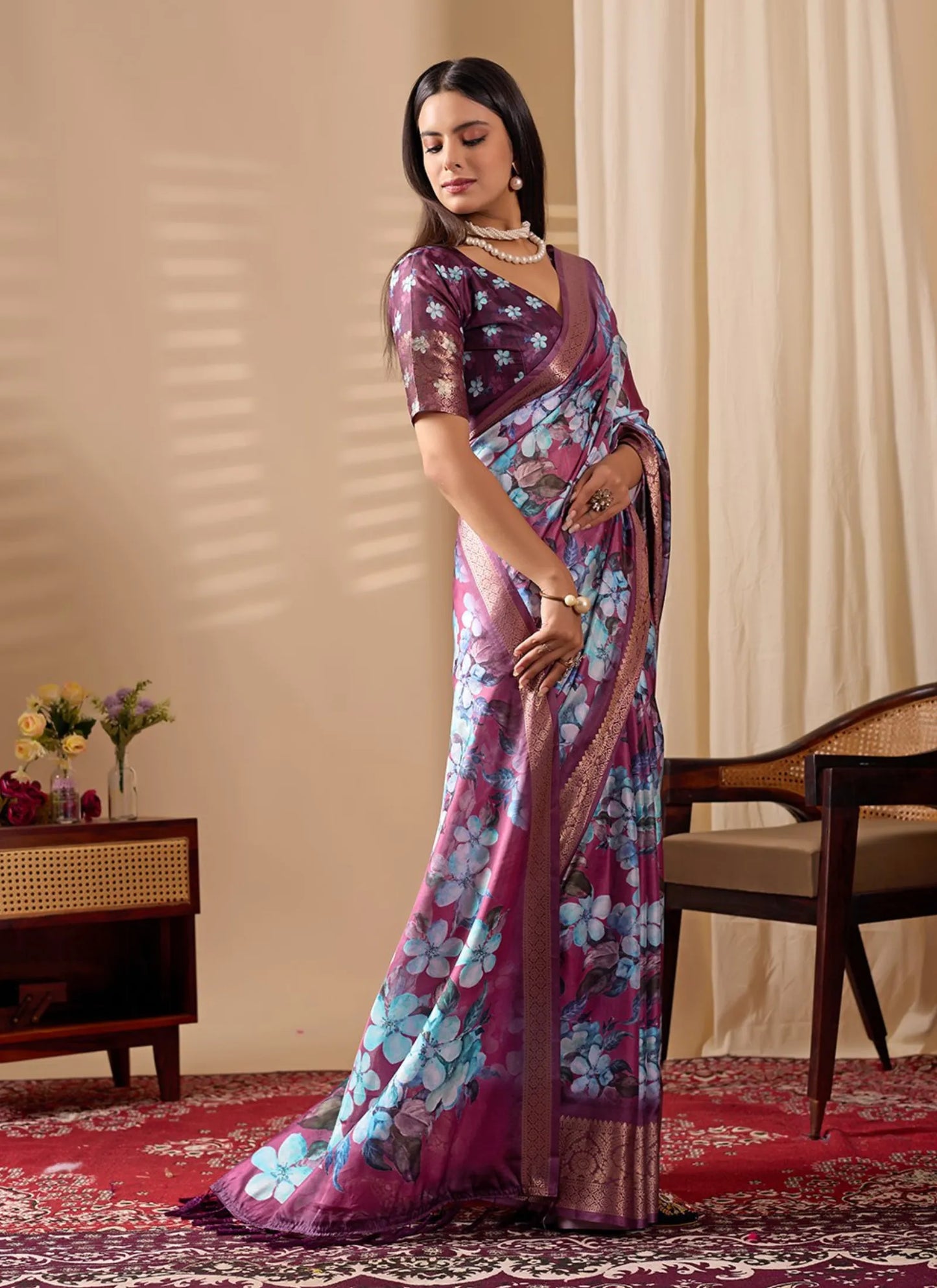 Blooming Floral Print Soft Lichi Silk Saree