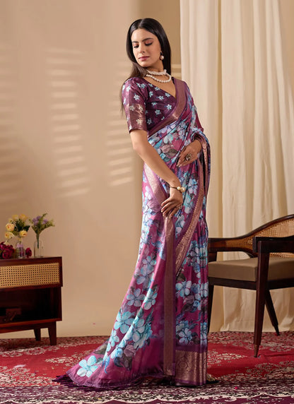 Blooming Floral Print Soft Lichi Silk Saree