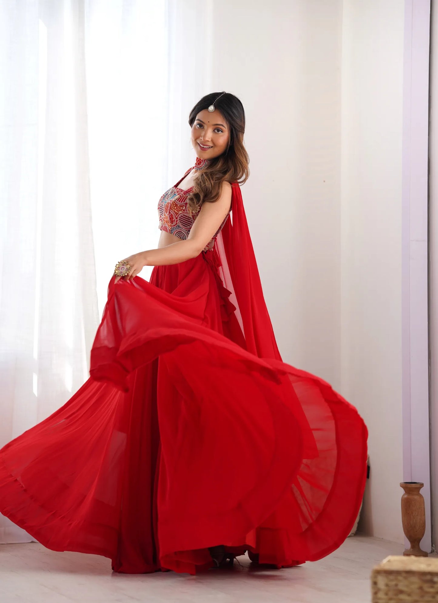 Pure Soft Fox Georgette Lehenga Choli Red