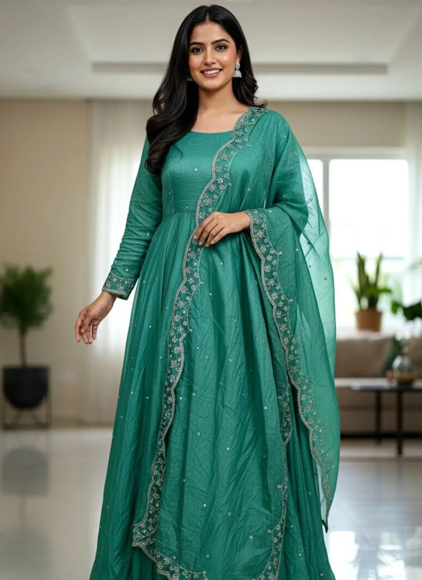 Embroidery Zari Work Silk Gown Teal