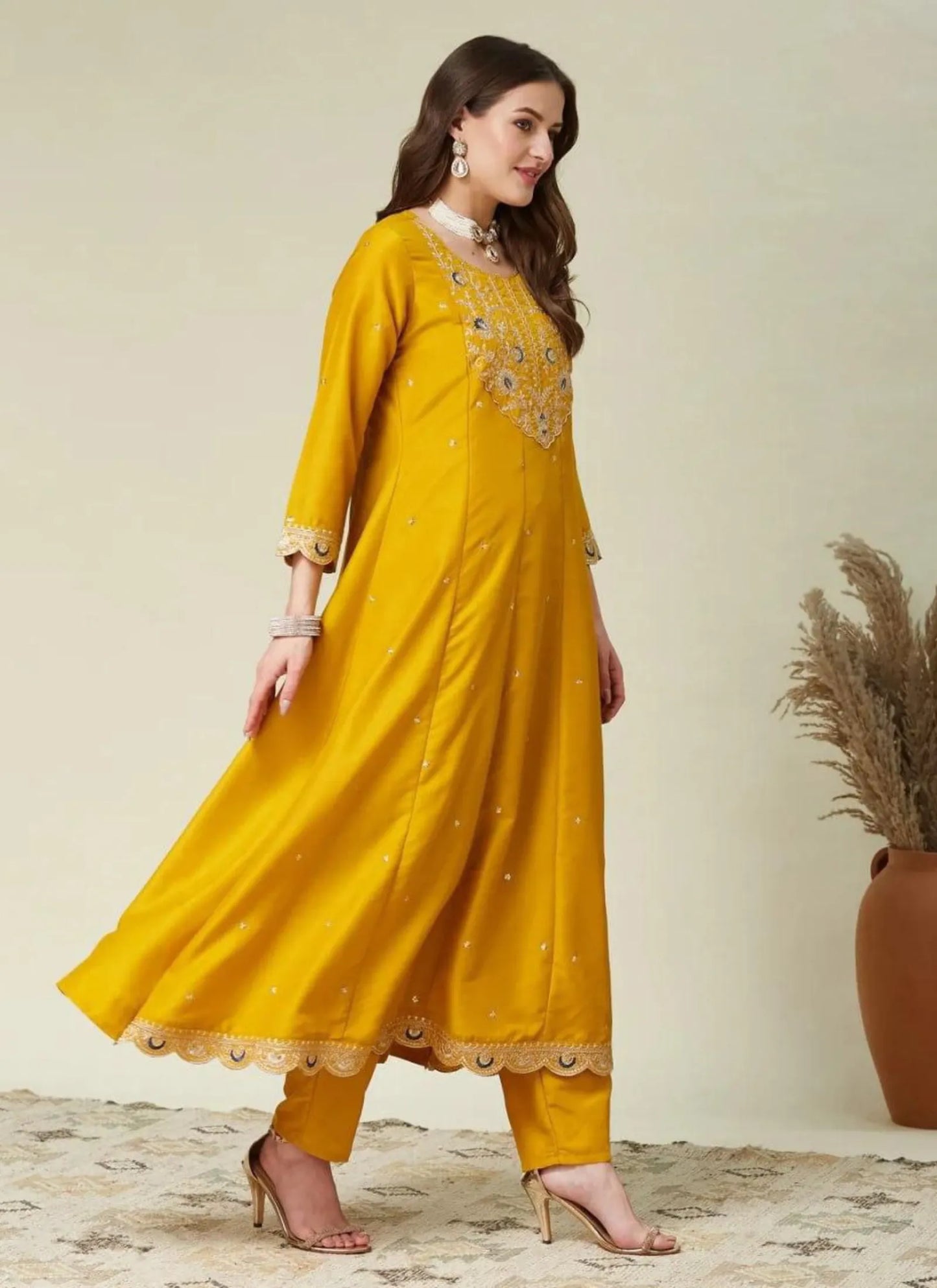 Premium Anarkali Kurti Set Yellow