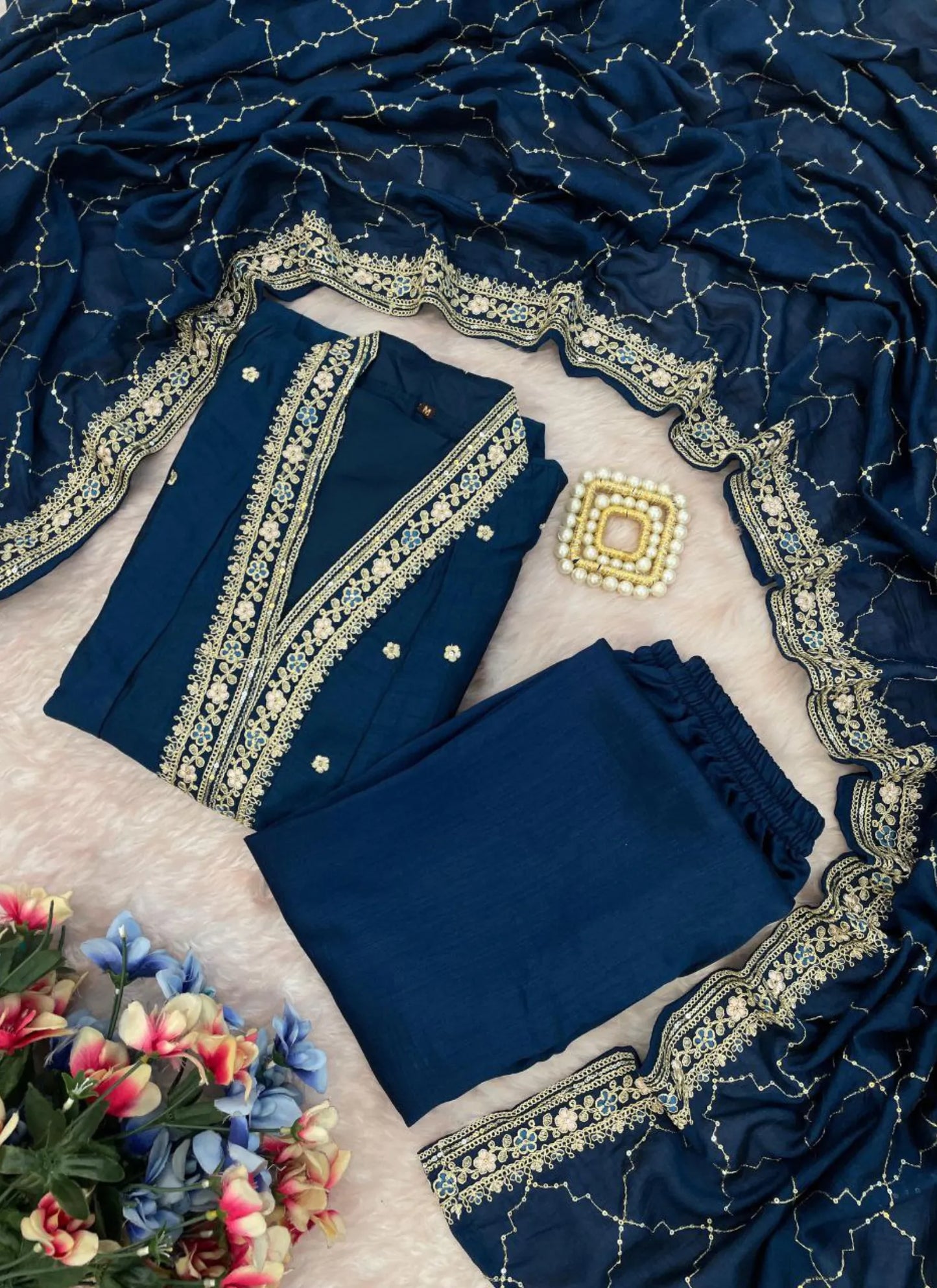 Premium Embroidery Anarkali Kurti Set Navy