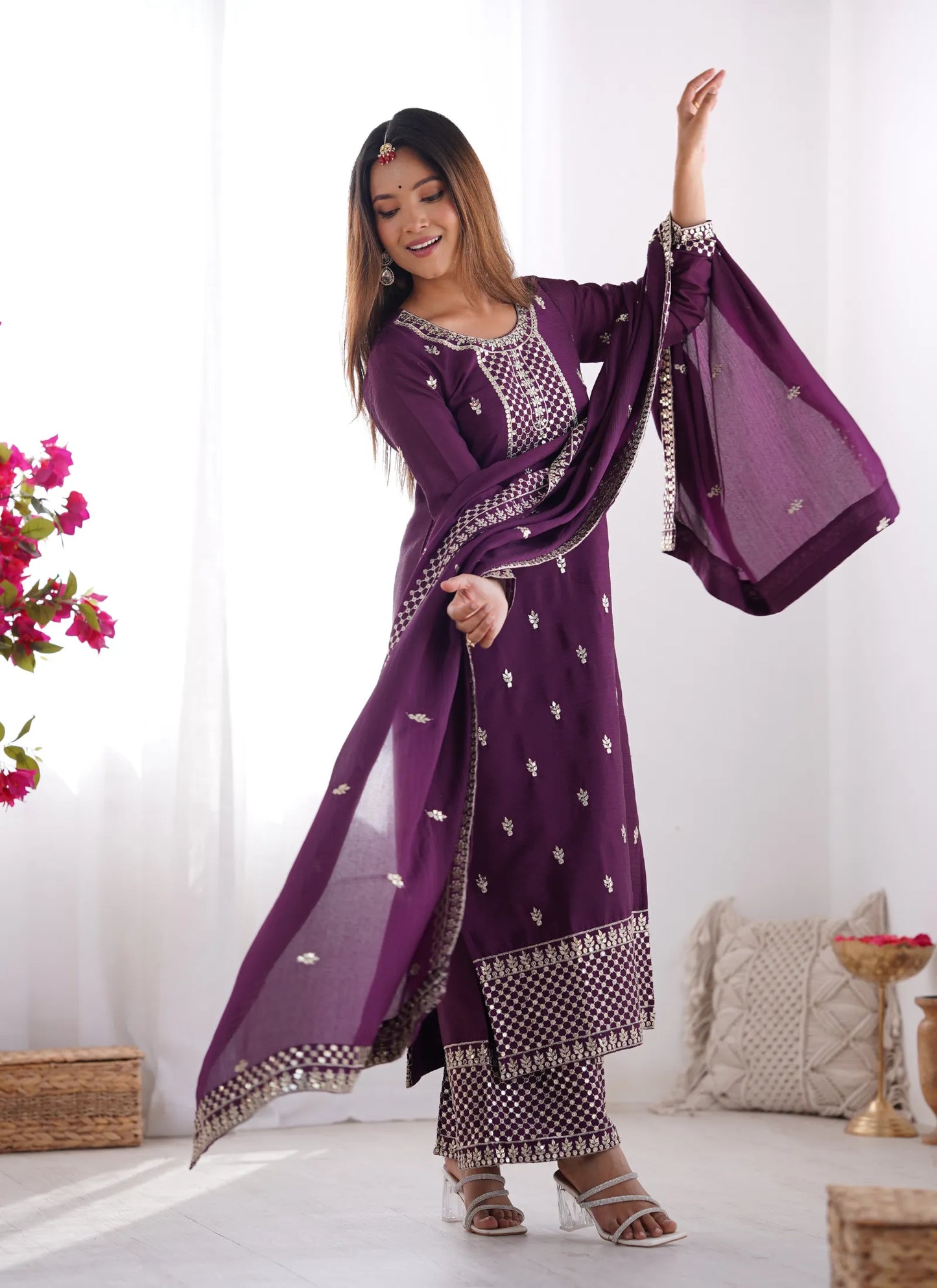 Pure Chinon Silk Embroidery Kurta Wine