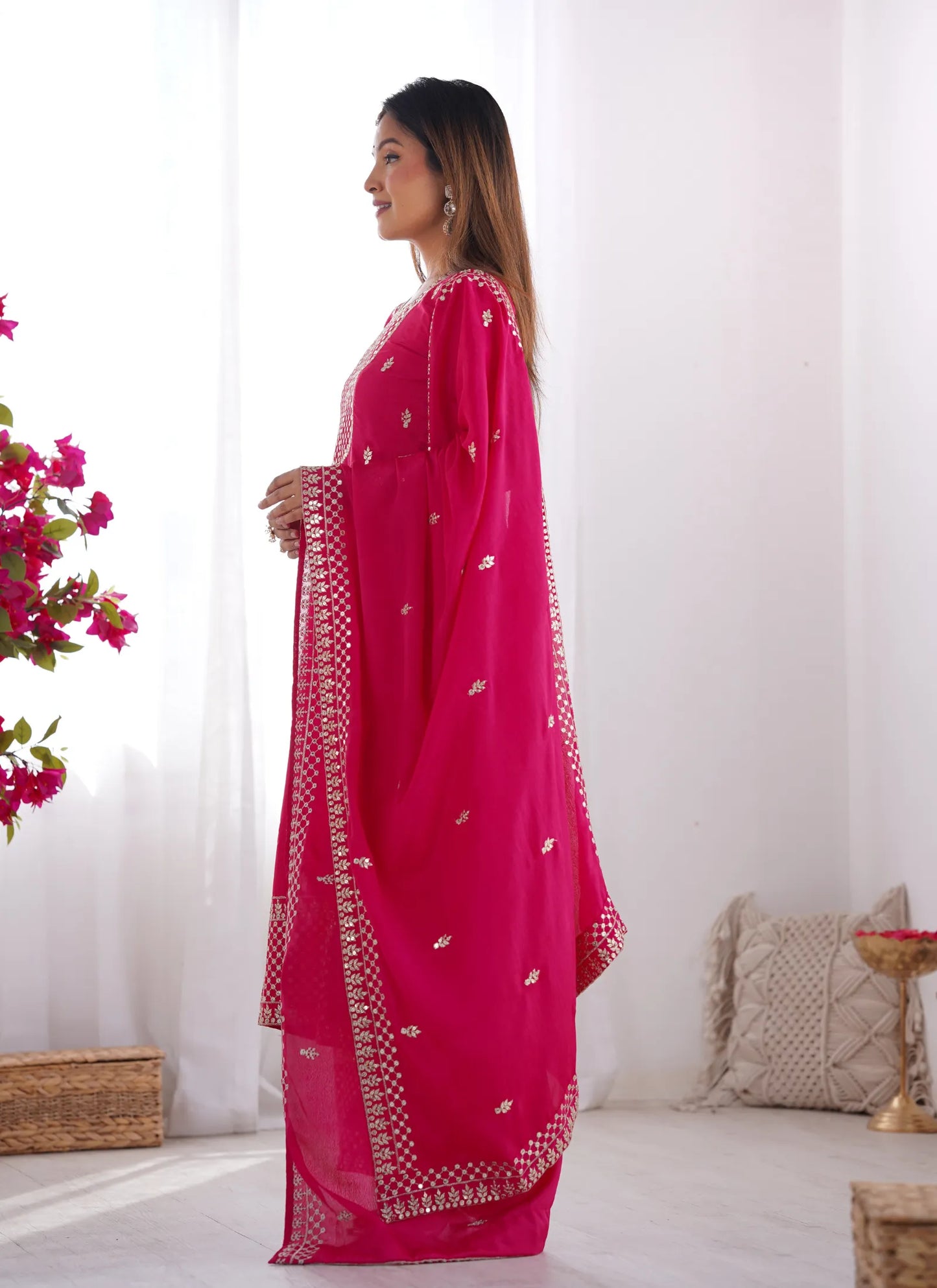 Pure Chinon Silk Embroidery Kurta Pink