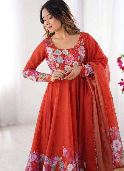 Pure Soft Organja Silk Anarkali Red