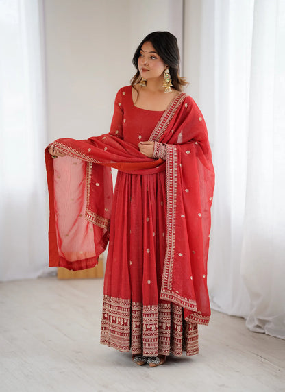 Premium Crunchy Silk Anarkali Gown Rust
